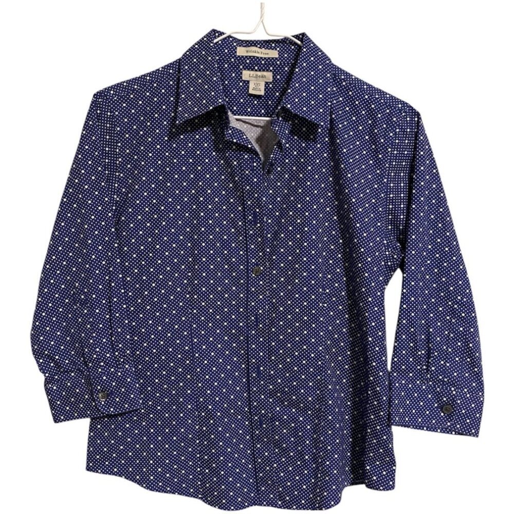 LL Bean Women's Wrinkle Free Bu Shirt Size XXS Petite Blue Polka Dot